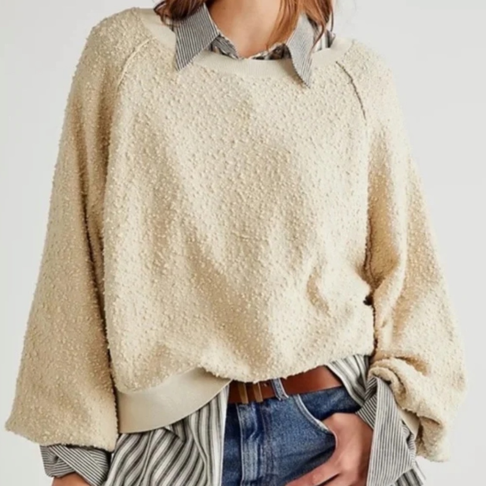 Free People Found My Friend Cream Puff Sleeve Pullover Sweater (S)
